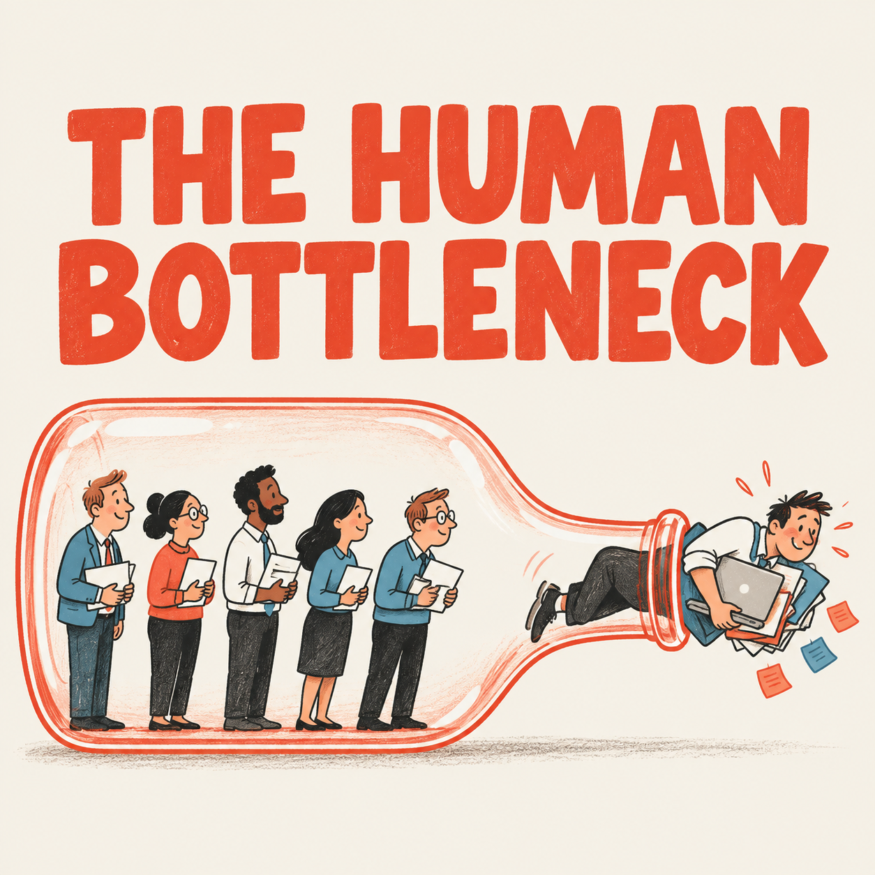 Editorial illustration of many work requests connected to one overloaded person, titled The Human Bottleneck